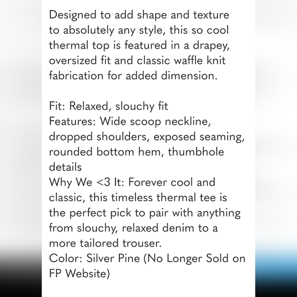 Free People Microphone Drop Thermal top t-shirt long sleeve silver pine NEW! - Picture 6 of 7